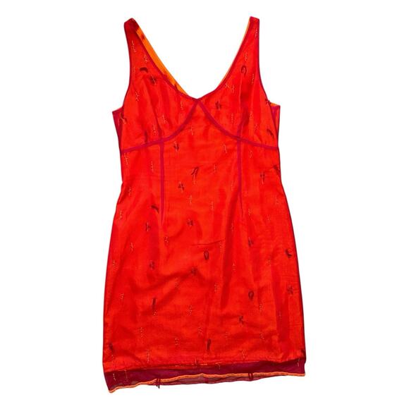 Vintage Express Mesh Overlay Beaded Red Bustier Dress Plunge Neck 90s Y2k 14 - Picture 2 of 10